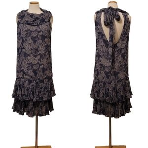 Nancy Johnson 100% Silk Vintage Chiffon Sheer Ruffled Cowl Neck Bow Midi Dress